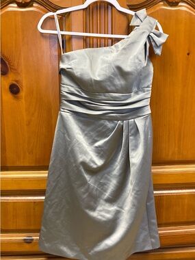 David’s Bridal One Shoulder Dress Silver Gray Bow Ruched Size 6